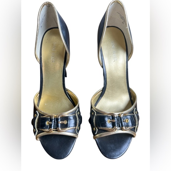 Nine West Black Leather Open Toe D’Orsay Heels Gold Buckle Women’s Size 8 - Picture 2 of 6